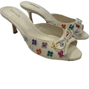 Larroude Cream Floral Appliqué Peep-Toe Heels